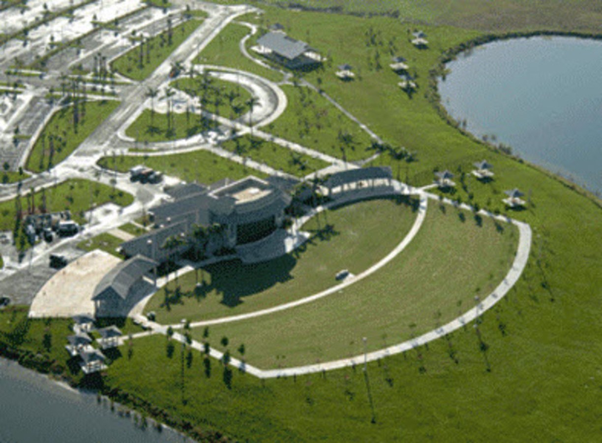 Aerial view of the Sunset Cove lawn bowl beside the lake